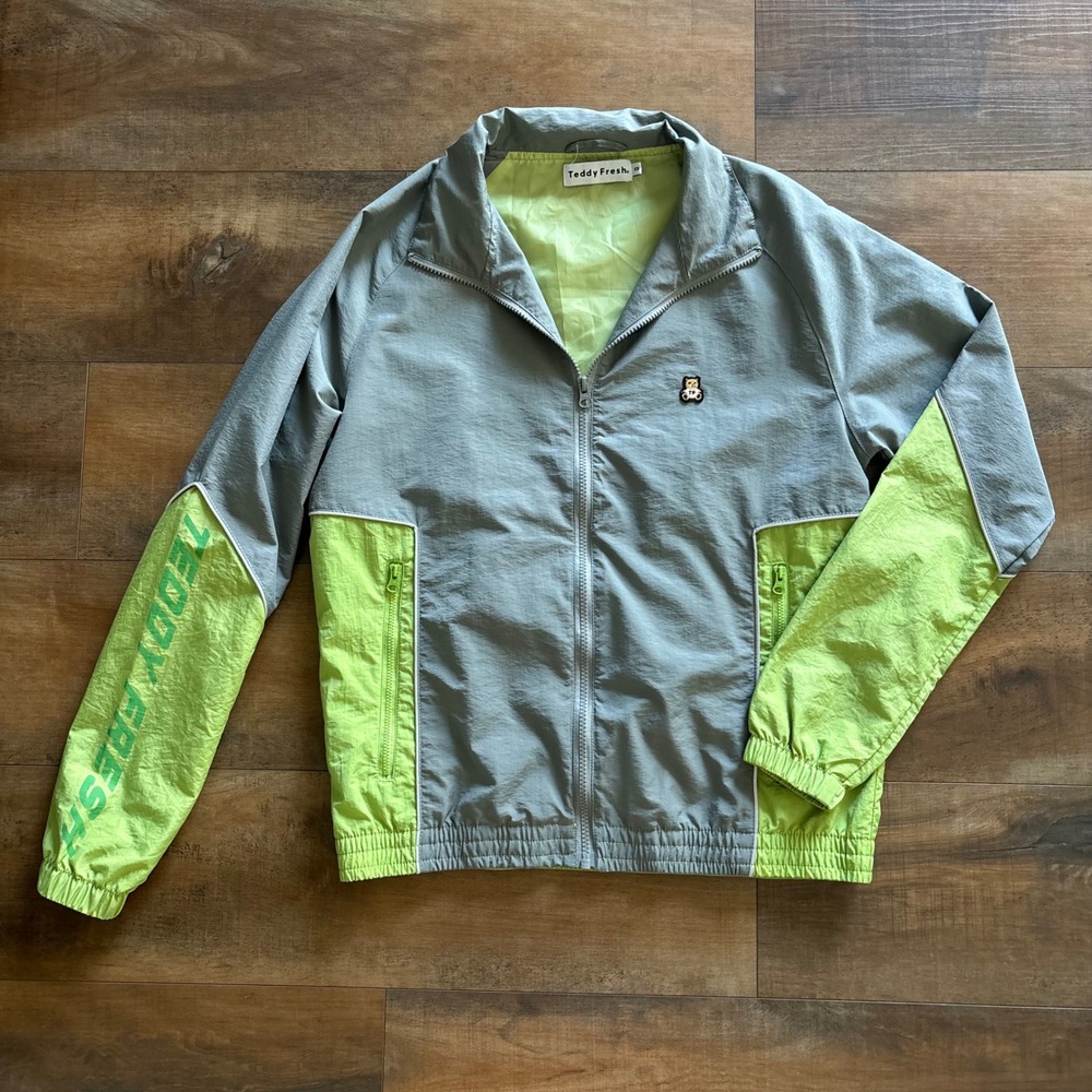 Teddy Fresh Men's XS Colorblock Green Grey Bear Patch Windbreaker Track Jacket